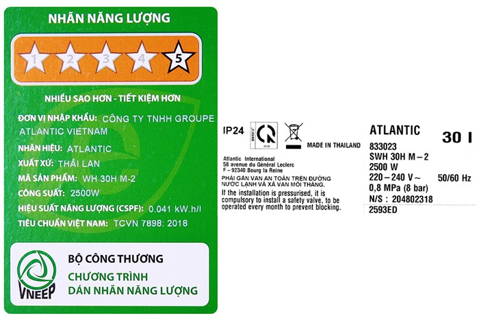 Máy nước nóng gián tiếp Atlantic 30 lít 2500W Neo Max SWH 30H M-2 833023 Màu Trắng