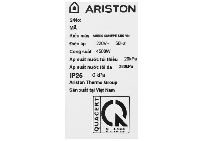 Máy nước nóng trực tiếp Ariston 4500W Aures SM45PE SBS VN Màu Trắng