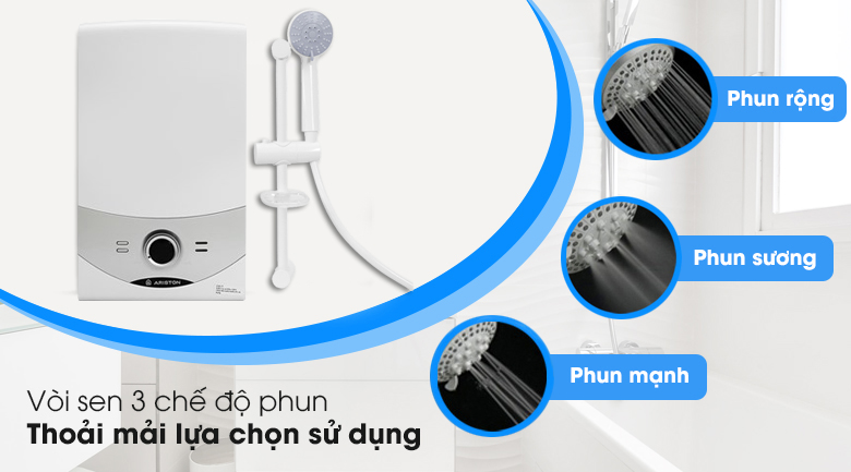 Máy nước nóng trực tiếp Ariston 4500W Aures SM45E SBS VN - vòi sen 3 chế độ phun