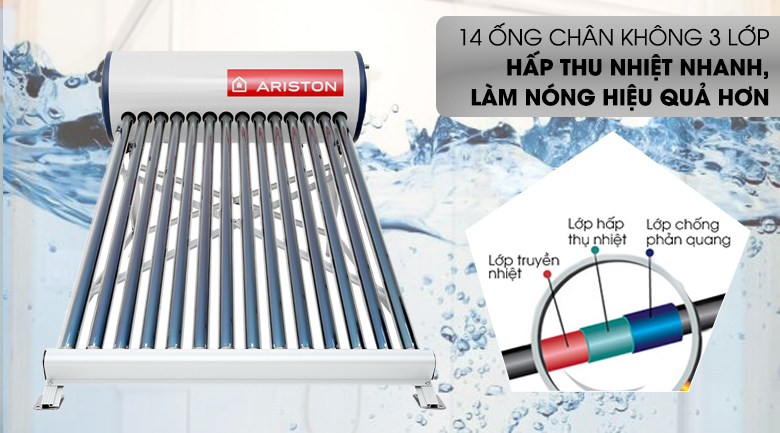 Máy nước nóng năng lượng mặt trời Ariston 175 lít ECO 1814 - Hấp thụ nhiệt tốt, làm nóng hiệu quả với hệ thống ống chân không 3 lớp