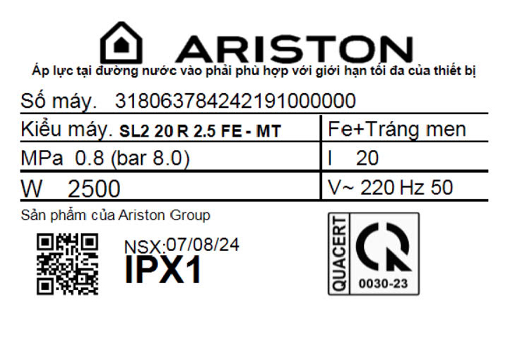 Máy nước nóng gián tiếp Ariston 20 lít 2500W SL2 20 R 2.5FE - MT Màu Trắng
