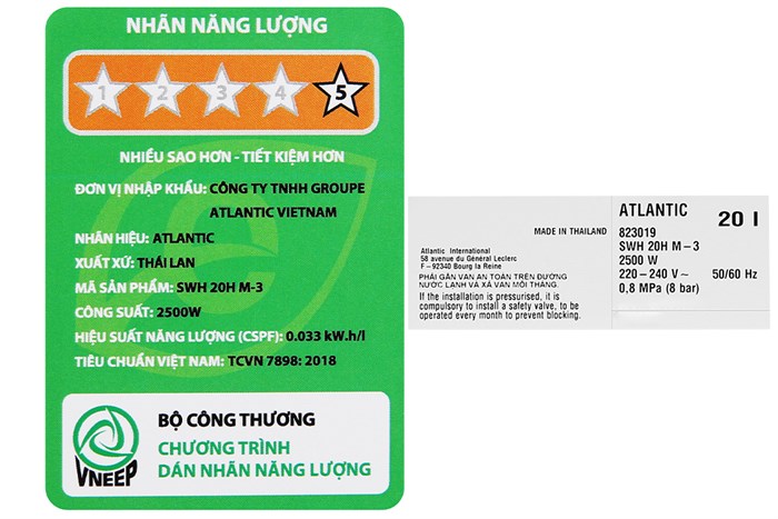 Máy nước nóng gián tiếp Atlantic 20 lít 2500W SWH 20H M-3 NEO PLUS 823019 Màu Trắng