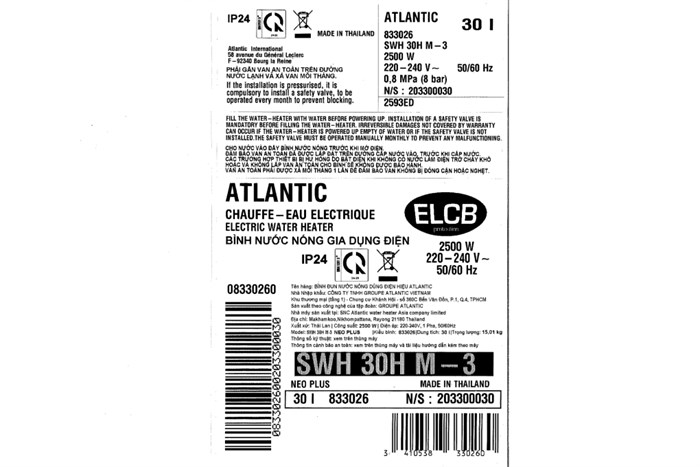 Máy nước nóng gián tiếp Atlantic 30 lít SWH 30H M-3 NEO PLUS 833026 Màu Trắng
