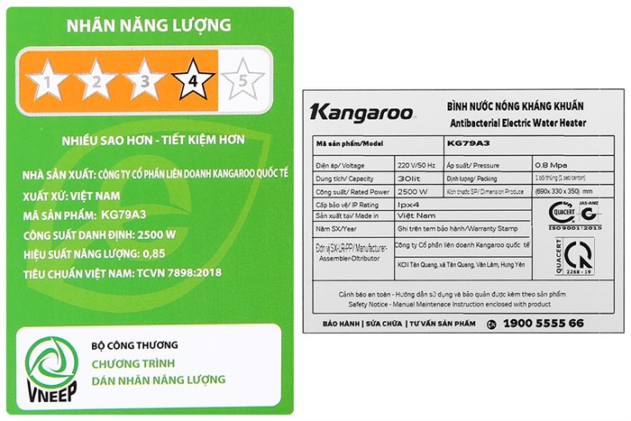 Máy nước nóng gián tiếp Kangaroo 30 lít 2500W KG79A3 Màu Trắng
