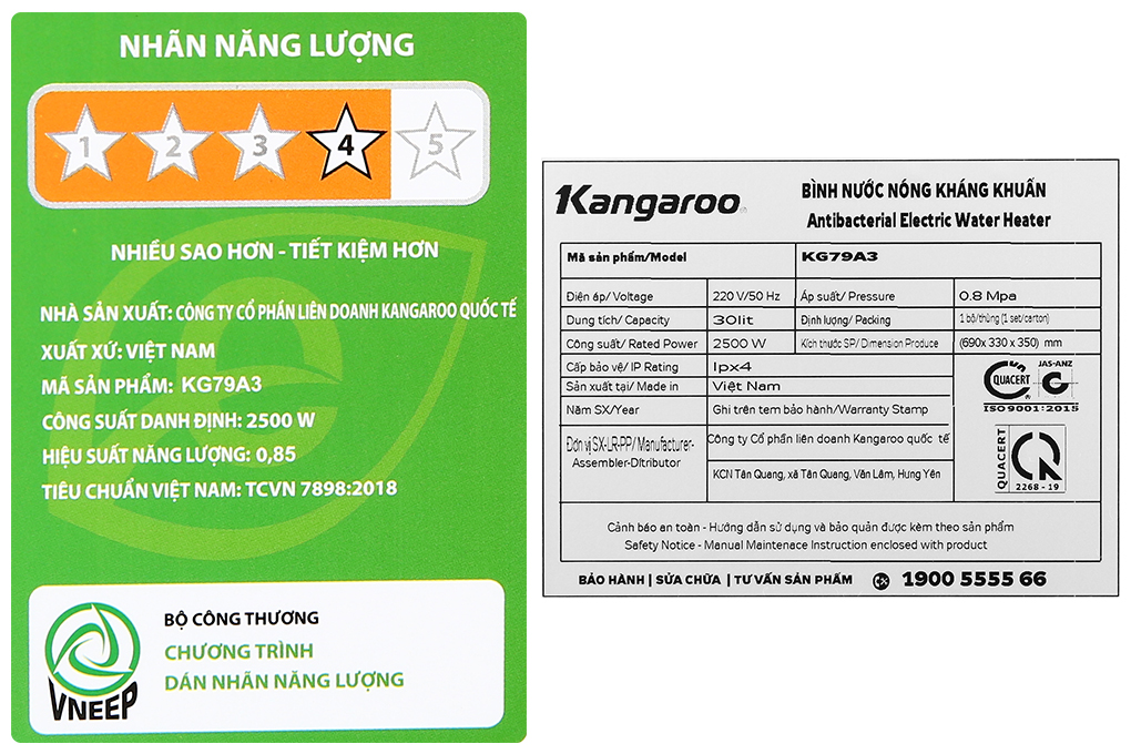 Máy nước nóng gián tiếp Kangaroo 30 lít 2500W KG79A3 Màu Trắng