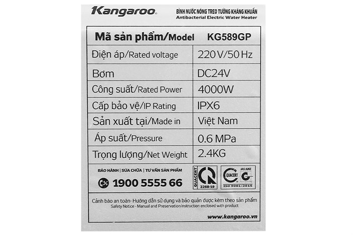 Máy nước nóng trực tiếp Kangaroo 4000W KG589GP Màu Trắng