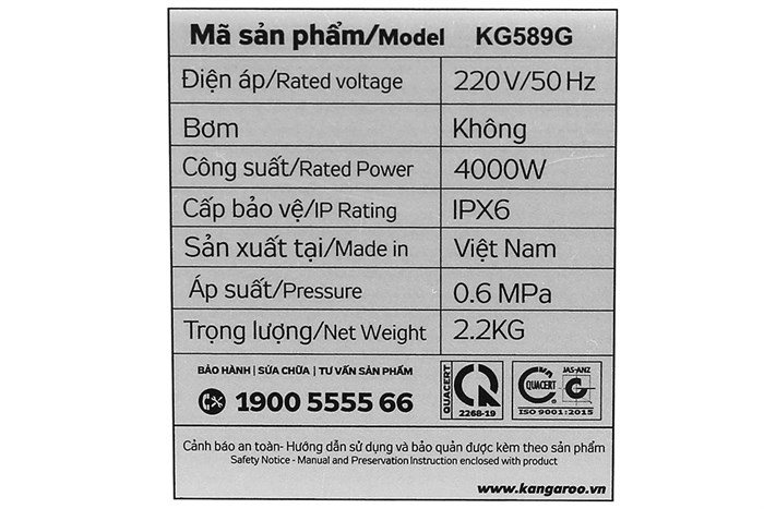 Máy nước nóng trực tiếp Kangaroo 4000W KG589G Màu Trắng