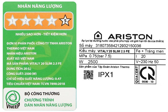 Máy nước nóng gián tiếp Ariston 20 lít 2500W VITALY 20 SLIM 2.5 FE Màu Trắng