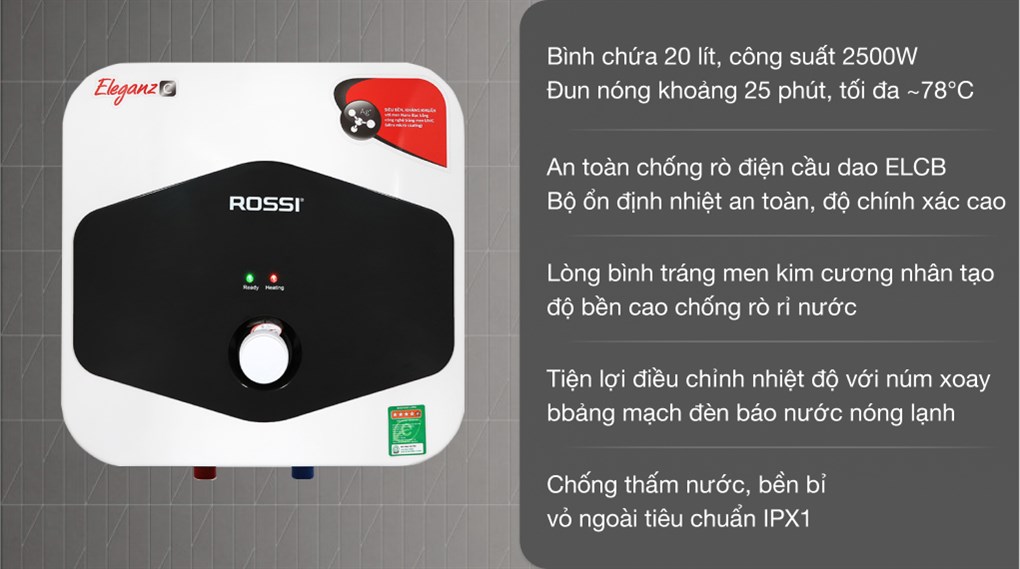Máy nước nóng gián tiếp Rossi 20 lít Eleganz C REC20SQ