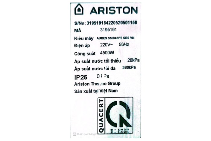 Máy nước nóng trực tiếp Ariston 4500W AURES SMC45PE SBS VN Màu Trắng
