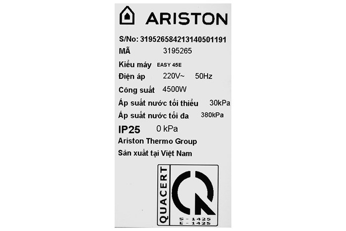 Máy nước nóng trực tiếp Ariston 4500W Easy 45E Màu Trắng