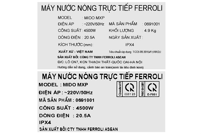 Máy nước nóng trực tiếp Ferroli 4500W MIDO-MXP 4.5S Màu Trắng