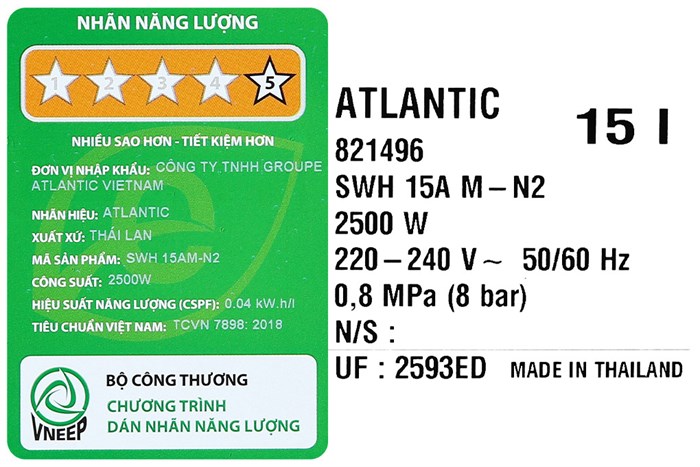 Máy nước nóng gián tiếp Atlantic 15 lít 2500W NANTO PLUS SWH 15A M-N2 Màu Đen - Xám