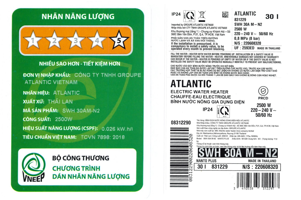 Máy nước nóng gián tiếp Atlantic 30 lít 2500W NANTO PLUS SWH 30A M-N2 Màu Đen - Xám