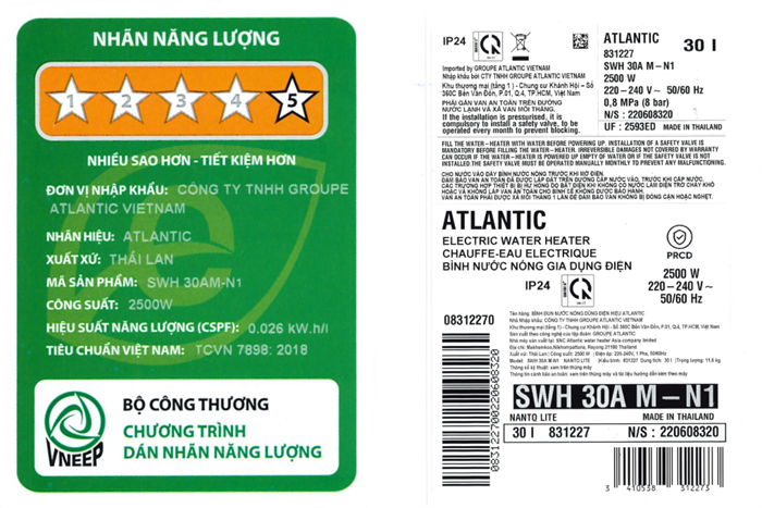 Máy nước nóng gián tiếp Atlantic 30 lít 2500W NANTO LITE SWH 30A M-N1 Màu Trắng