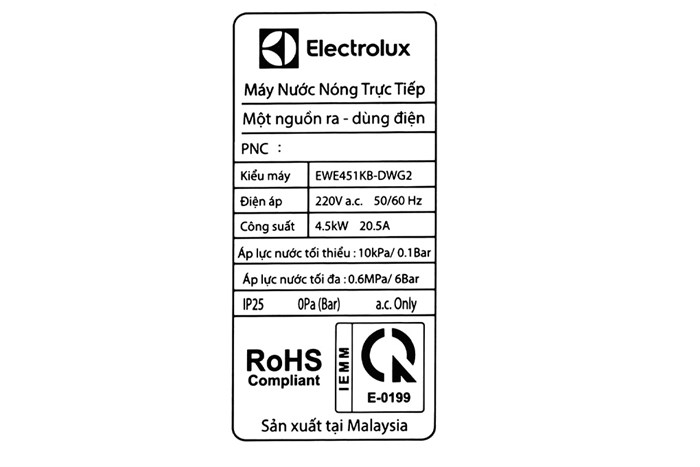 Máy nước nóng trực tiếp Electrolux 4500W EWE451KB-DWG2 Màu Trắng - Xám