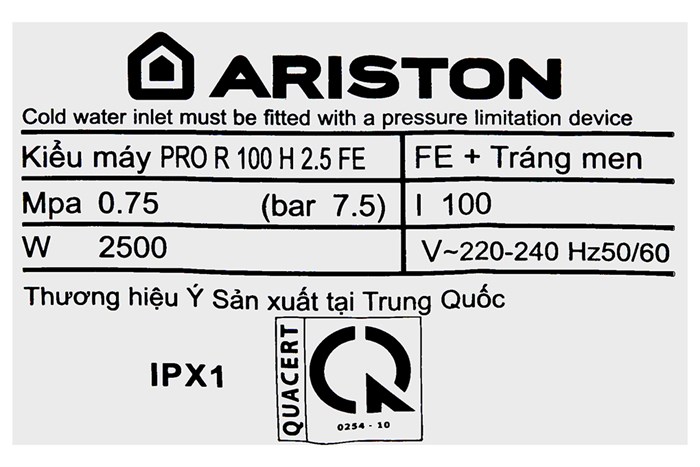 Máy nước nóng gián tiếp Ariston 100 lít PRO R 100 H 2.5 FE Màu Trắng
