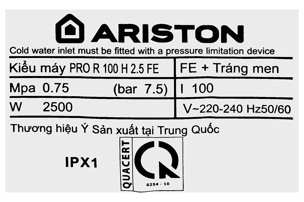 Máy nước nóng gián tiếp Ariston 100 lít PRO R 100 H 2.5 FE Màu Trắng