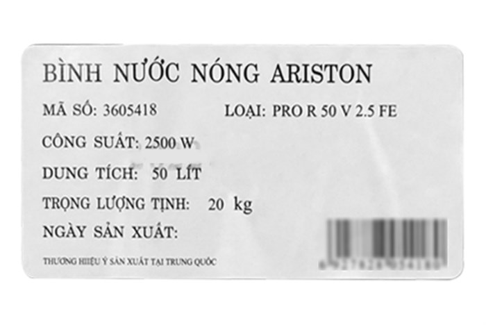 Máy nước nóng gián tiếp Ariston 50 lít PRO R 50 V 2.5 FE Màu Xám