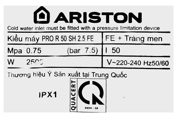 Máy nước nóng gián tiếp Ariston 50 lít PRO R 50 SH 2.5 FE Màu Xám