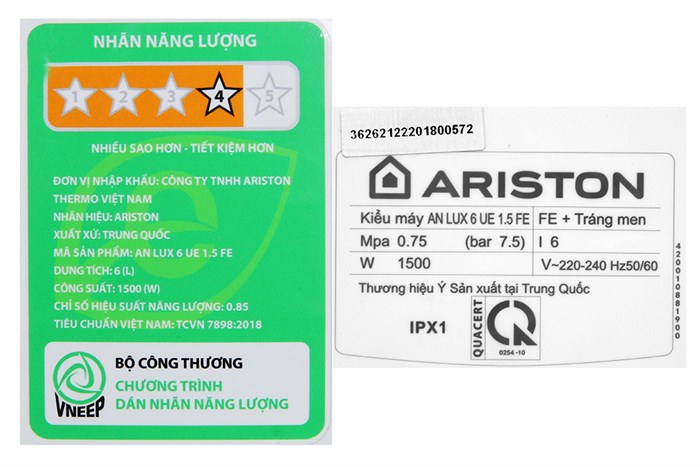 Máy nước nóng gián tiếp Ariston Mini 6 lít AN LUX 6 UE 1.5 FE Màu Đen - Xám