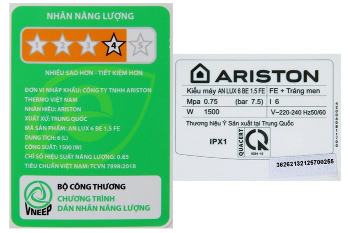 Máy nước nóng gián tiếp Ariston Mini 6 lít AN LUX 6 BE 1.5 FE Màu Đen - Xám