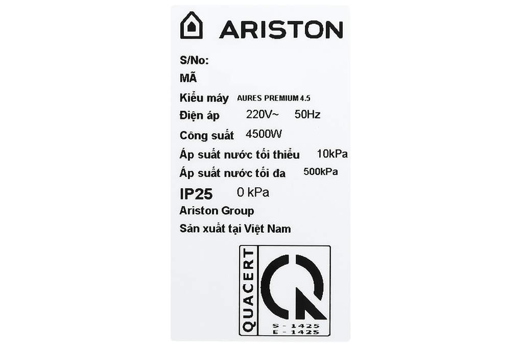 Máy nước nóng trực tiếp Ariston 4500W AURES PREMIUM 4.5 Màu Trắng