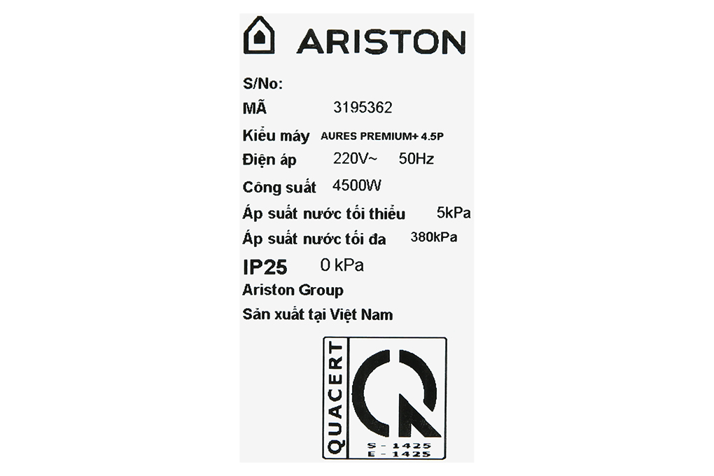 Máy nước nóng trực tiếp Ariston 4500W AURES PREMIUM+ 4.5P Màu Đen - Xám