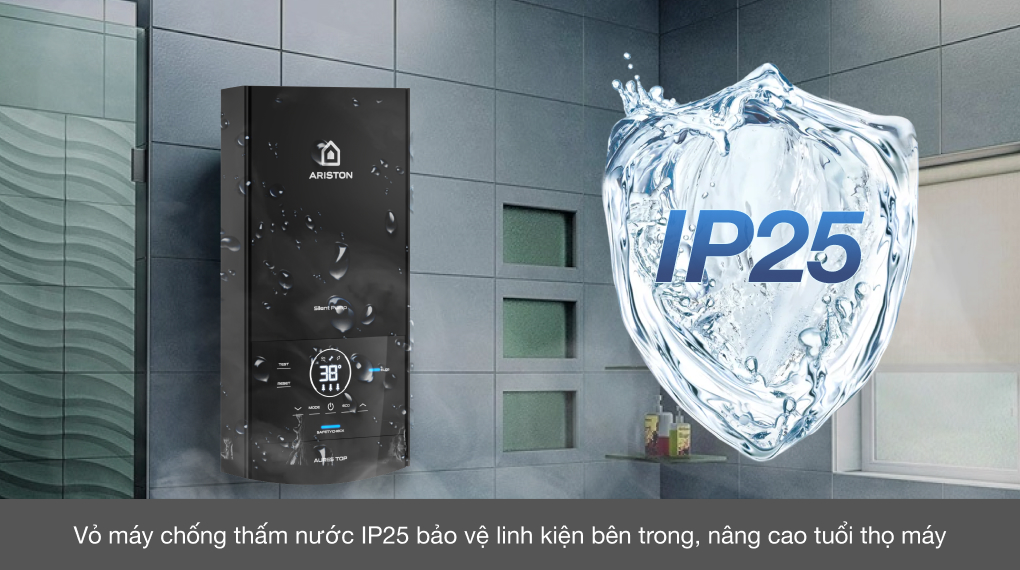 Máy nước nóng trực tiếp Ariston 4500W AURES TOP 4.5P - Chuẩn chống thấm IP25 bảo vêj an toàn linh kiện bên trong.
