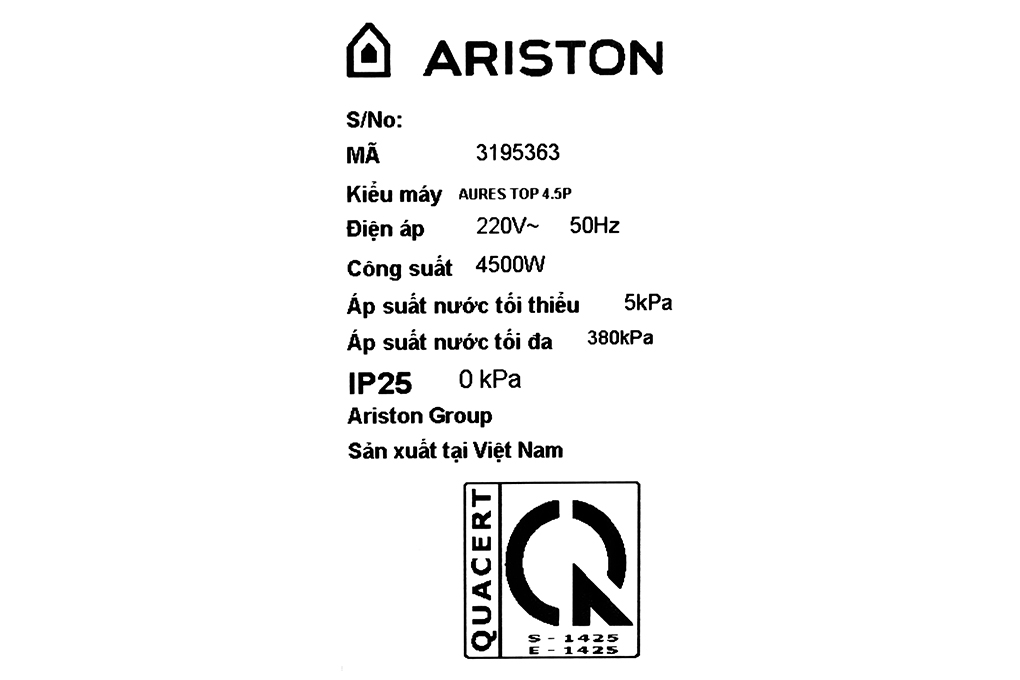 Máy nước nóng trực tiếp Ariston 4500W AURES TOP 4.5P Màu Đen