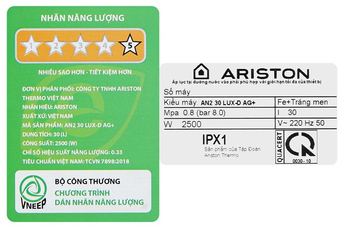 Máy nước nóng gián tiếp Ariston 30 lít AN2 30 LUX-D AG+ Màu Trắng - Đen