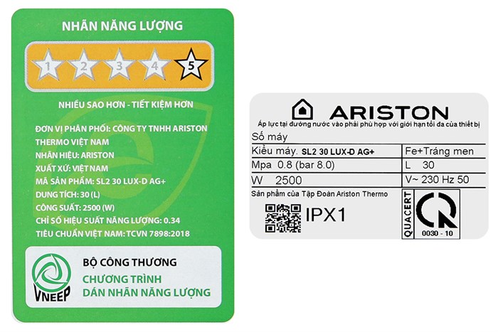 Máy nước nóng gián tiếp Ariston 30 lít SL2 30 LUX-D AG+ Màu Trắng - Đen