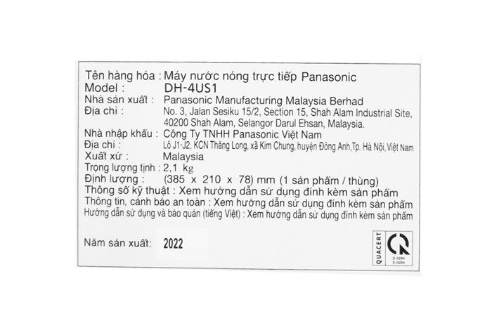 Máy nước nóng trực tiếp Panasonic 4500W DH-4US1VS Màu Đen - Bạc
