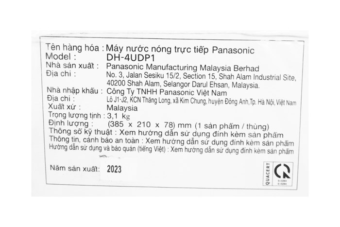 Máy nước nóng trực tiếp Panasonic 4500W DH-4UDP1VZ Màu Đen - Xám