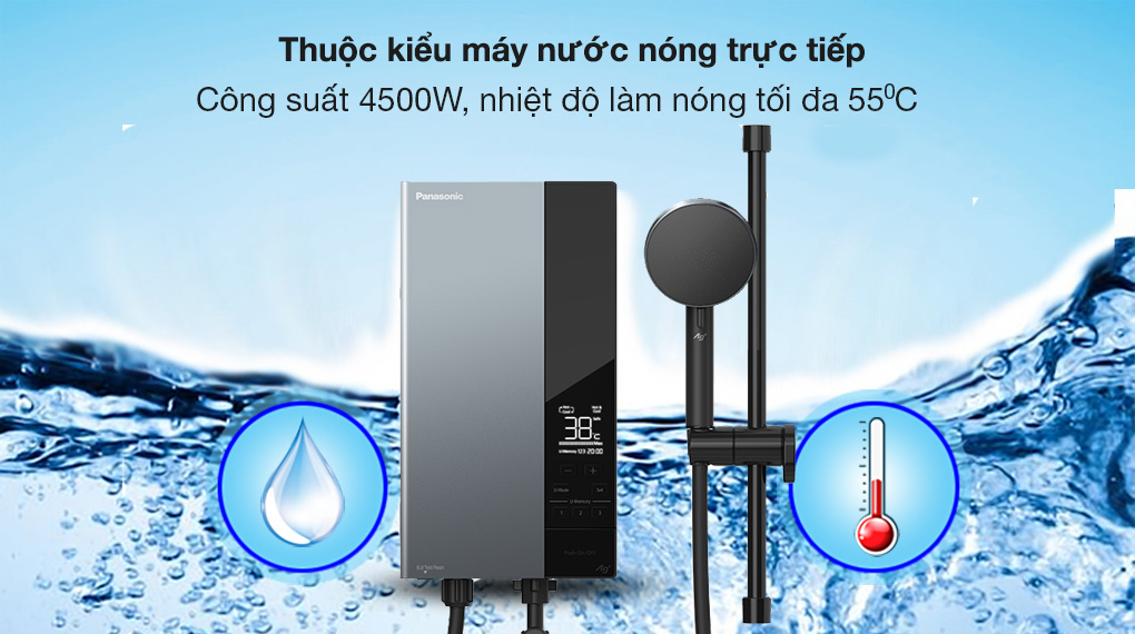 Máy nước nóng trực tiếp Panasonic 4500W DH-4UD1VZ - Thuộc máy nước nóng trực tiếp, công suất 4500W, hỗ trợ làm nước nóng lên đến 55 độ C 