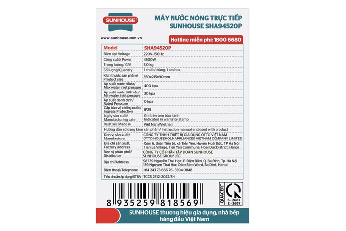 Máy nước nóng trực tiếp Sunhouse 4500W SHA-9452OP Màu Trắng