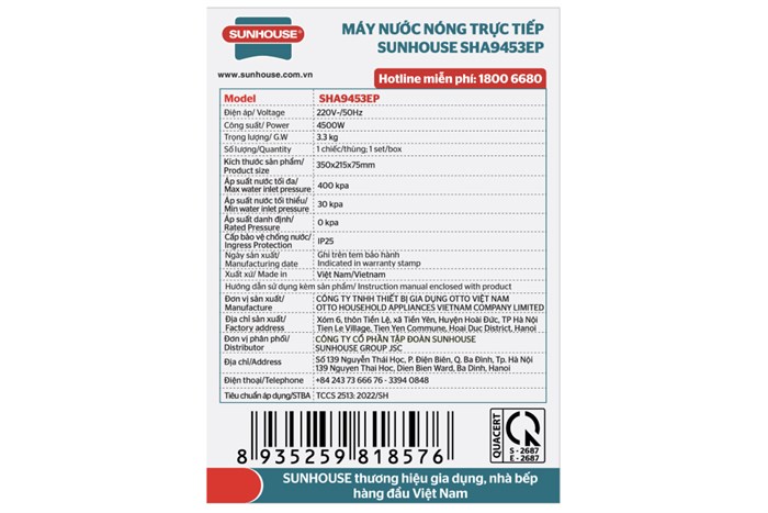 Máy nước nóng trực tiếp Sunhouse 4500W SHA-9453EP Màu Trắng