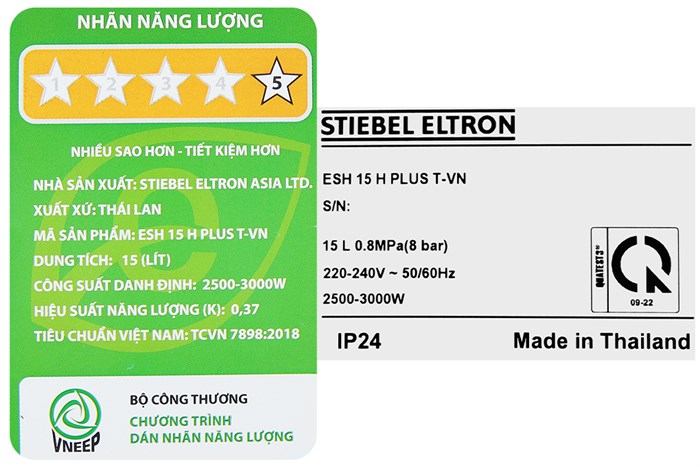 Máy nước nóng gián tiếp Stiebel Eltron 15 lít 2500W ESH 15 H Plus T-VN Màu Trắng