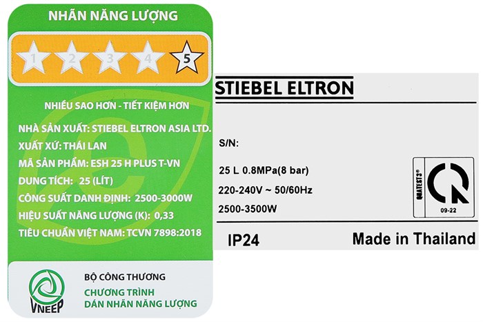 Máy nước nóng gián tiếp Stiebel Eltron 25 lít 2500W ESH 25 H Plus T-VN Màu Trắng