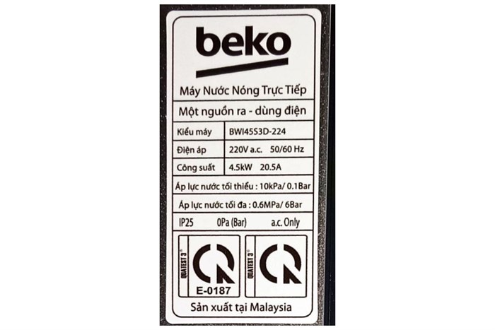 Máy nước nóng trực tiếp Beko 4500W BWI45S3D-224 Màu Xám