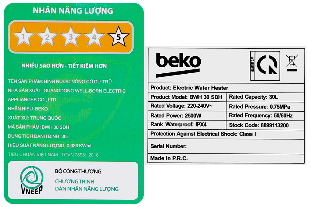 Máy nước nóng gián tiếp Beko 30 lít BWH 30 SDH Màu Trắng