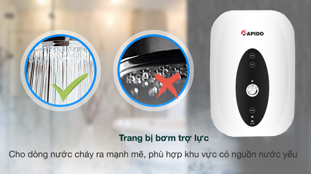 Máy nước nóng trực tiếp Rapido 4500W SONNE - SP4.5 - Trang bị bơm trợ lực giúp tăng dòng nước chảy ra, phù hợp cho khu vực có nguồn nước chảy yếu Máy nước nóng trực tiếp Rapido 4500W SONNE - SP4.5 - Trang bị bơm trợ lực giúp tăng dòng nước chảy ra, phù hợp cho khu vực có nguồn nước chảy yếu