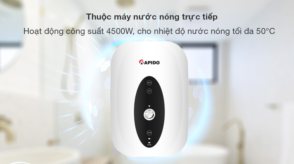 Máy nước nóng trực tiếp Rapido 4500W SONNE - SP4.5 - Thuộc dòng máy nước nóng trực tiếp, có công suất hoạt động 4500W cho khả năng làm nóng nước tối đa 50 độ C Máy nước nóng trực tiếp Rapido 4500W SONNE - SP4.5 - Thuộc dòng máy nước nóng trực tiếp, có công suất hoạt động 4500W cho khả năng làm nóng nước tối đa 50 độ C