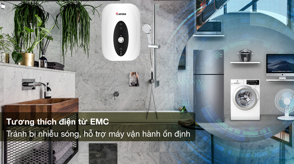 Máy nước nóng trực tiếp Rapido 4500W SONNE - SP4.5 - Tương thích điện từ EMC giảm thiểu tình trạng nhiễu điện từ và hỗ trợ máy vận hành ổn định Máy nước nóng trực tiếp Rapido 4500W SONNE - SP4.5 - Tương thích điện từ EMC giảm thiểu tình trạng nhiễu điện từ và hỗ trợ máy vận hành ổn định