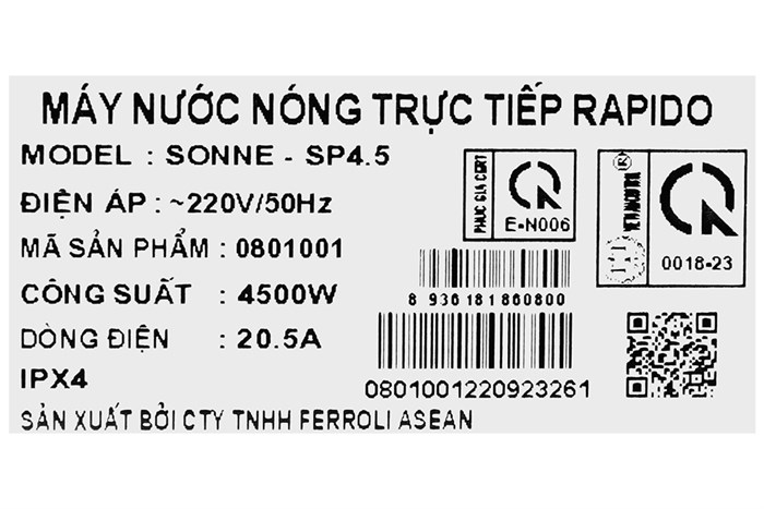 Máy nước nóng trực tiếp Rapido 4500W SONNE - SP4.5 Màu Trắng
