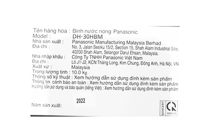 Máy nước nóng gián tiếp Panasonic 30 lít DH-30HBMVW Màu Trắng