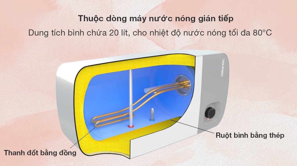 MÁY NƯỚC NÓNG GIÁN TIẾP ATLANTIC 20 LÍT SWH 20H M-4 NEO LITE 823021 - Thuộc dòng máy nước nóng gián tiếp, dung tích bình chứa nước 20 lít, cho nhiệt độ nước nóng đến 80 độ C