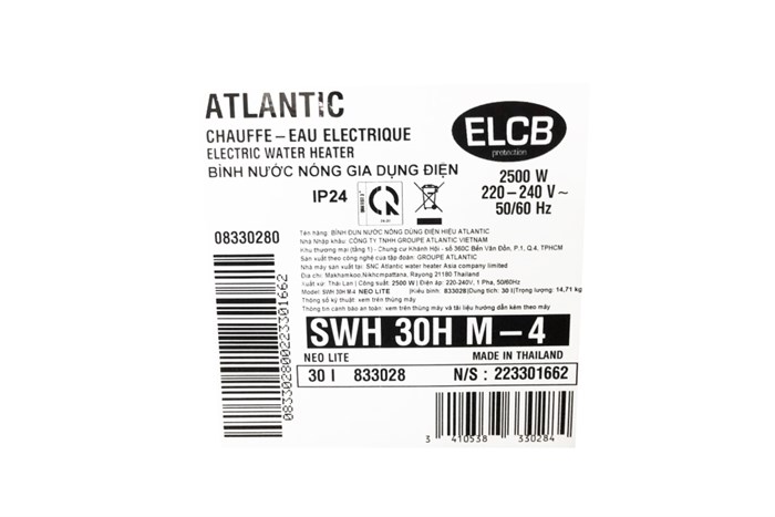 Máy nước nóng gián tiếp Atlantic 30 lít NEO LITE 833028 SWH 30H M-4 Màu Trắng - Xám