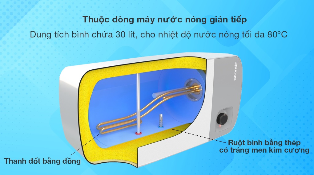 MÁY NƯỚC NÓNG GIÁN TIẾP ATLANTIC 30 LÍT SWH 30H M-4 NEO LITE 833028 - Thuộc dòng máy nước nóng gián tiếp, dung tích bình chứa 30 lít và có khả năng tạo ra nhiệt độ nước nóng đến 80 độ C
