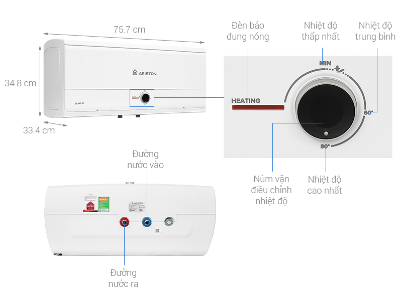 Bình nóng lạnh gián tiếp Ariston 30 lít 2500W SLIM3 30 R MT